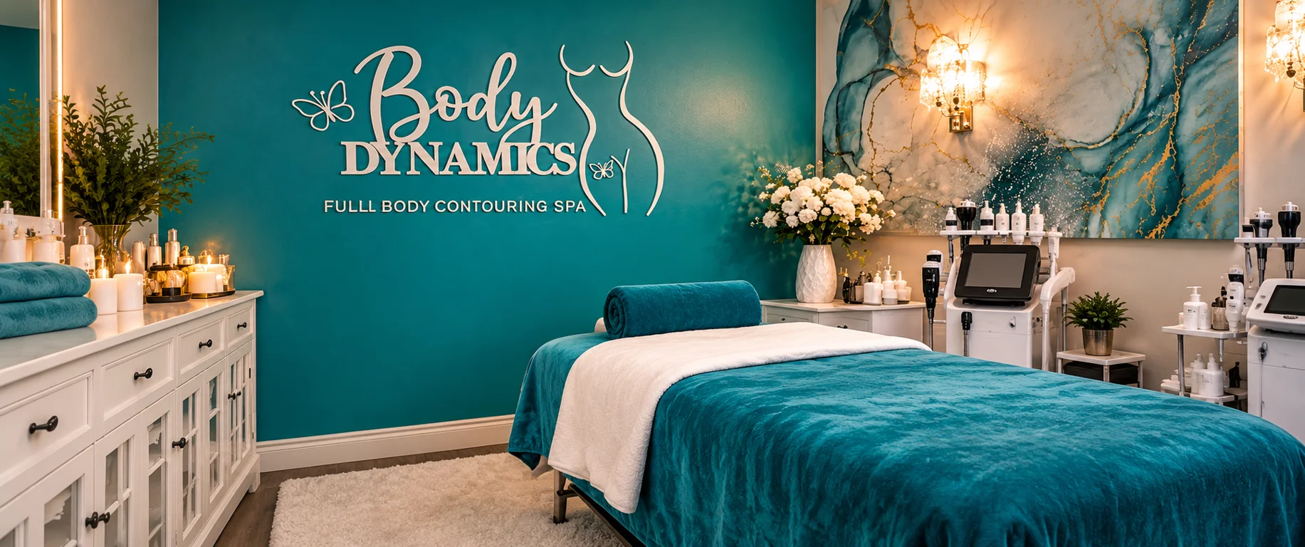 Promotional teal treatment-room artwork with Body Dynamics wall lettering